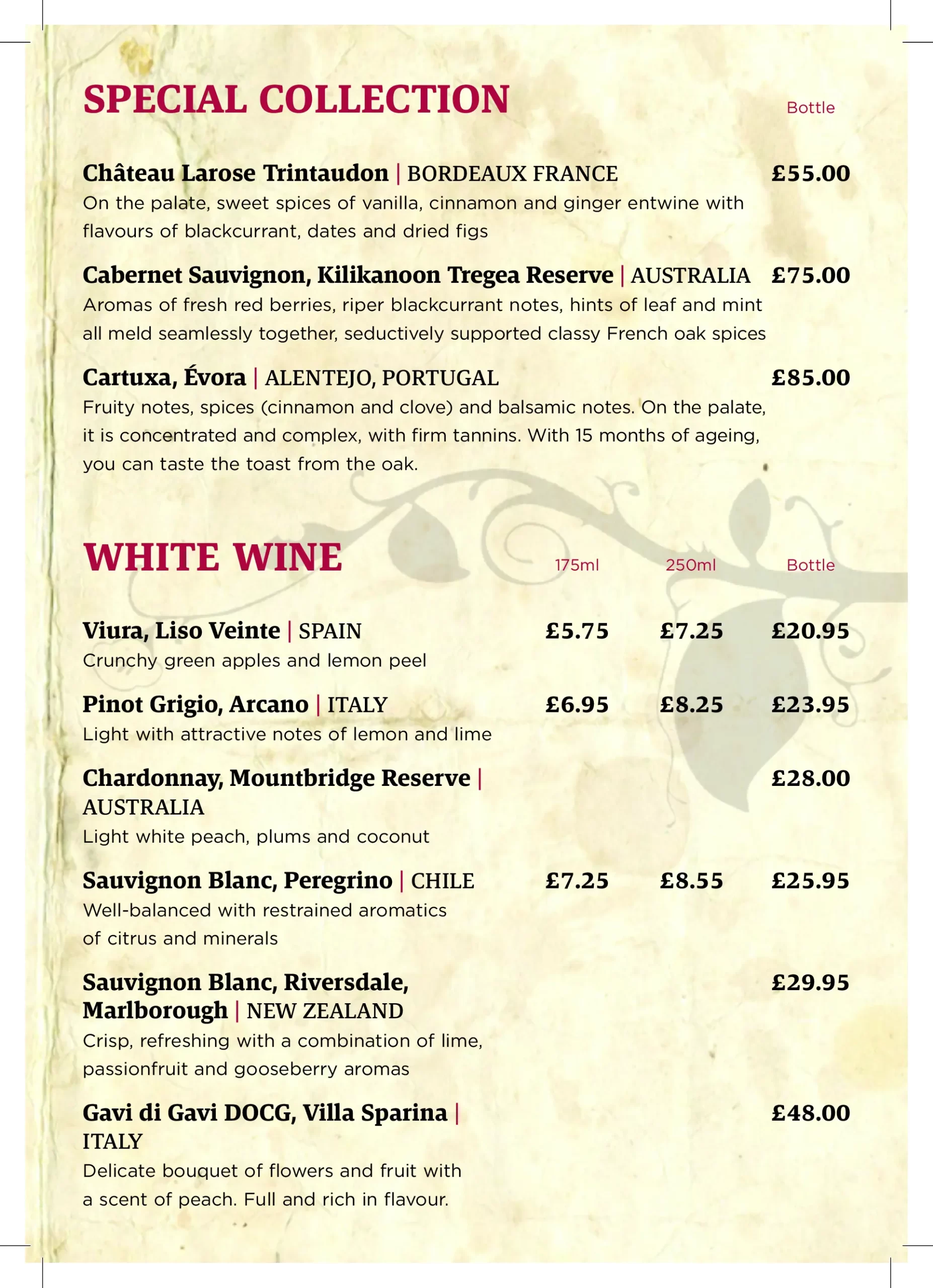 Drinks Menu Maturo Prescot